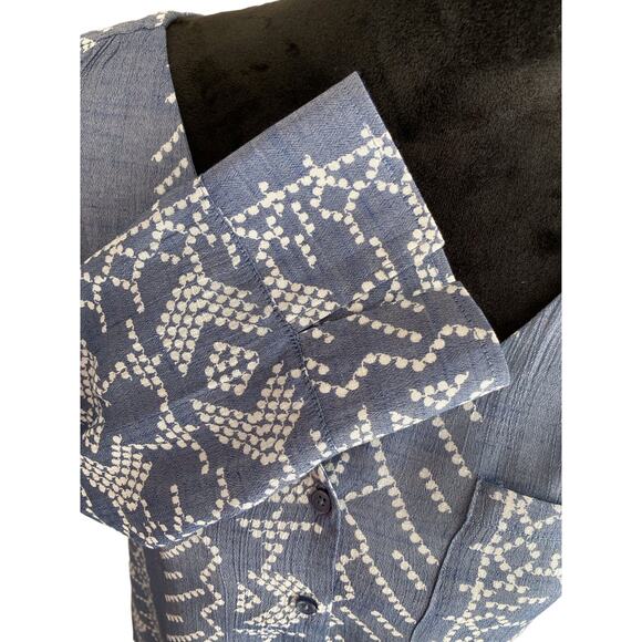 FRED DAVID BLUE AND WHITE GEO PRINT V/NECK PULLOVER TUNIC BLOUSE Sz -M - Picture 4 of 9